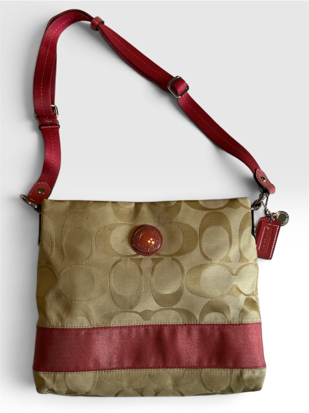 Coach F19220 Signature File Crossbody Bag Khaki Jacquard Pink Coral Stripe Y2K